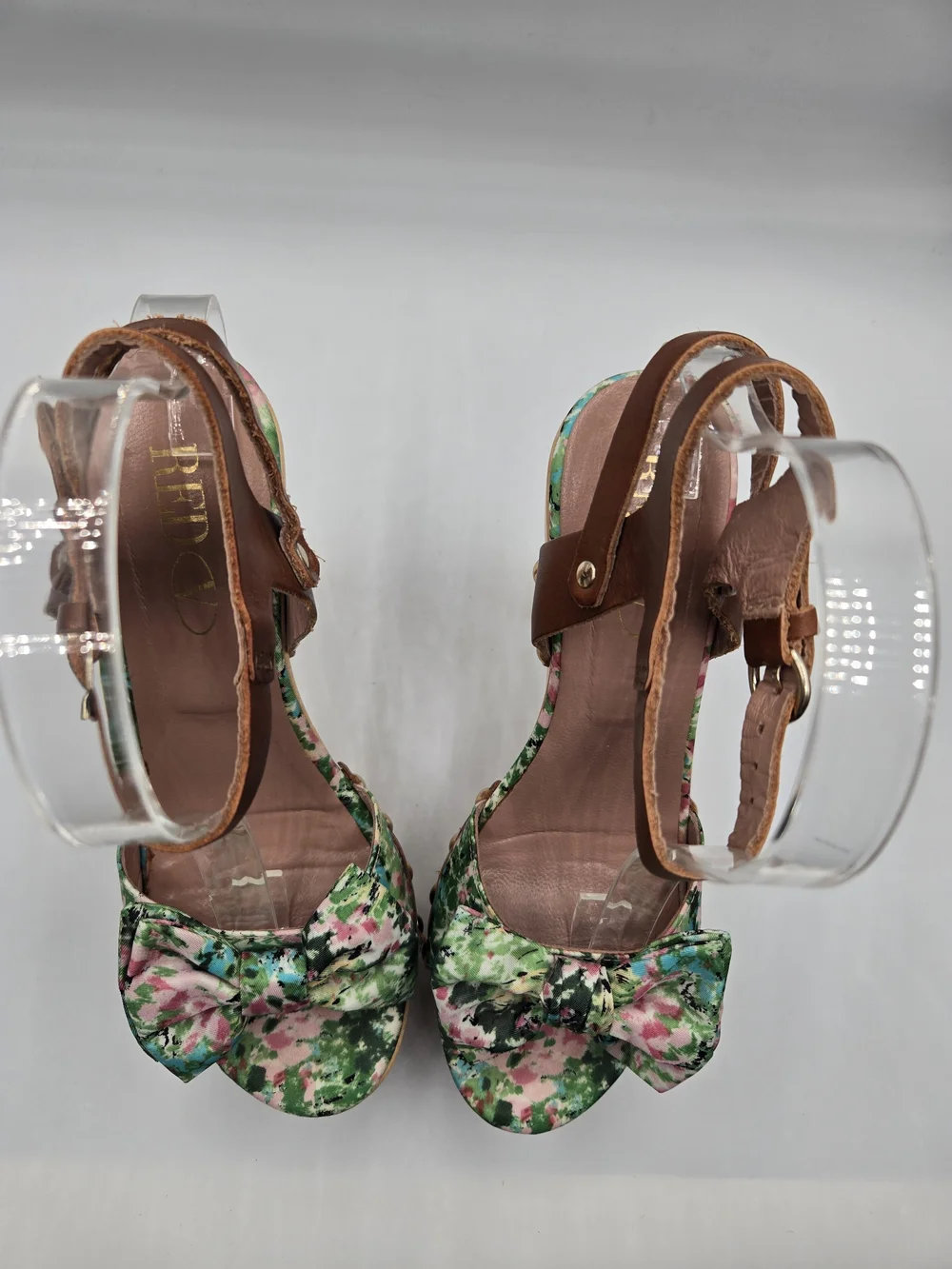 RED Valentino Meadow Print Platform Sandals Size 37.5 Floral Bow Wood Heel